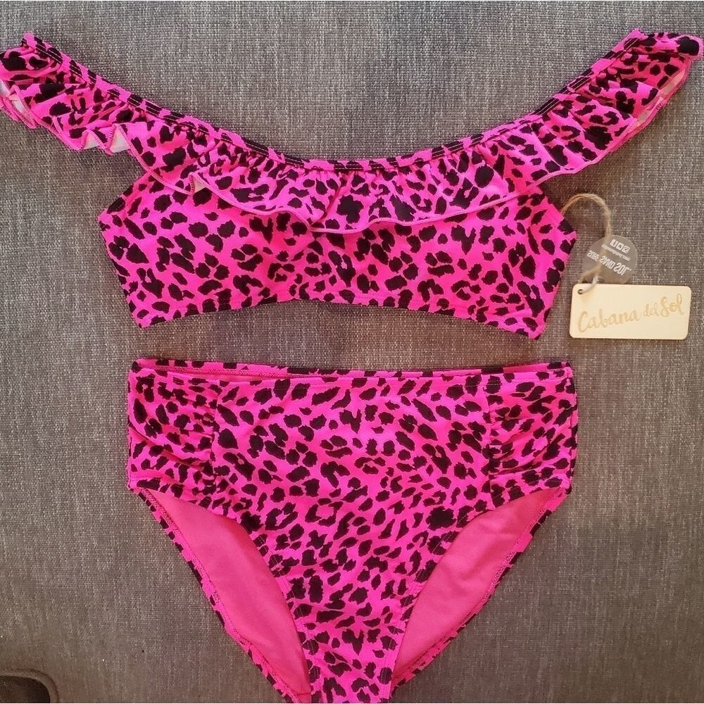 CABANA DEL SOL PINK LEOPARD HIGHWAIST RUFFLE L
